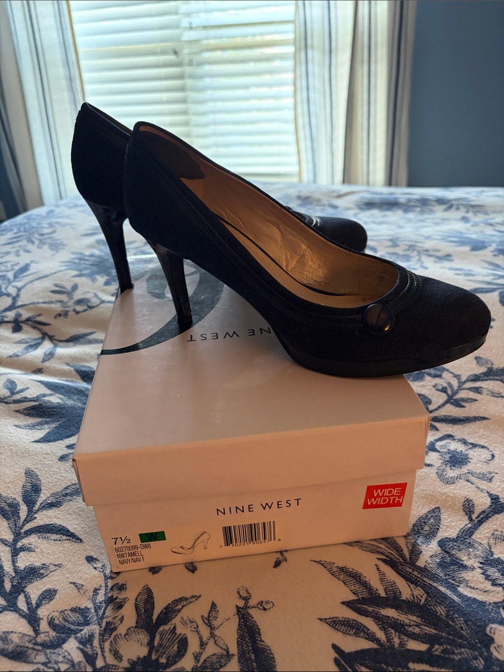 Nine West Navy Blue Heeled Pumps with Button Accent